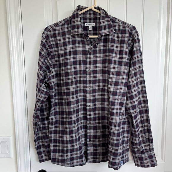 Peter Millar Mens Maroon Blue Plaid light Flannel Long Sleeve Button Down medium - Picture 2 of 5